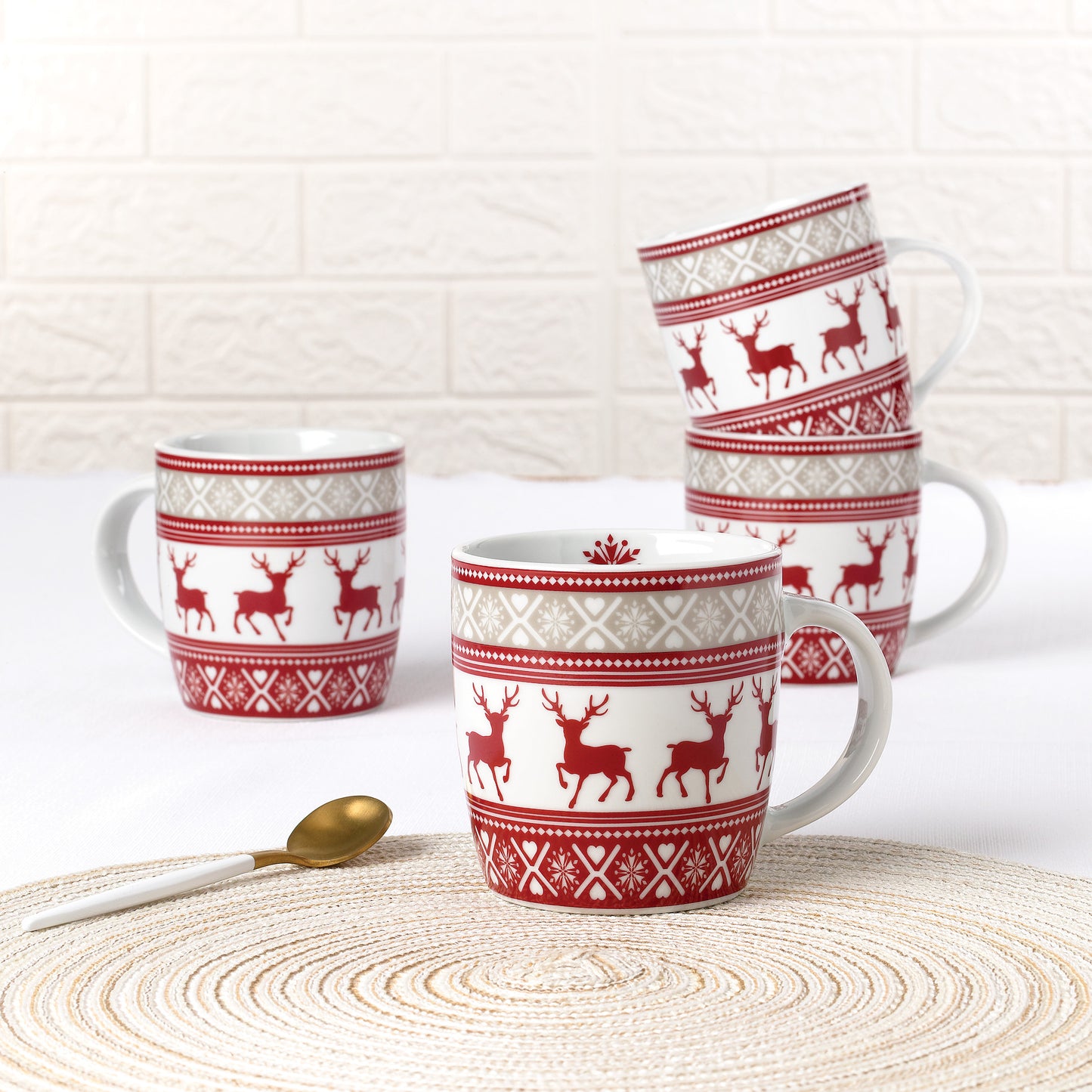 Nordic Reindeer Xmas Porcelain Mug Set, 4 Pieces