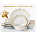 A 12-piece white dinnerware set with gold radiating stripe patterns on the rims, displayed on a clean white background with promotional text overlays.