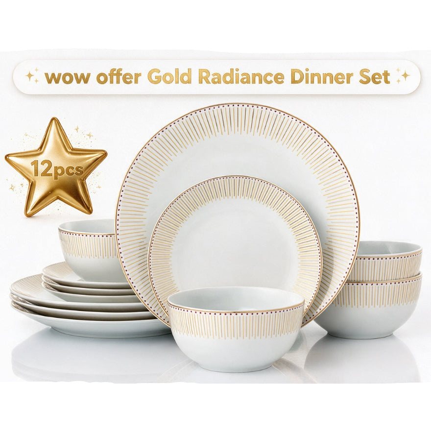 A 12-piece white dinnerware set with gold radiating stripe patterns on the rims, displayed on a clean white background with promotional text overlays.