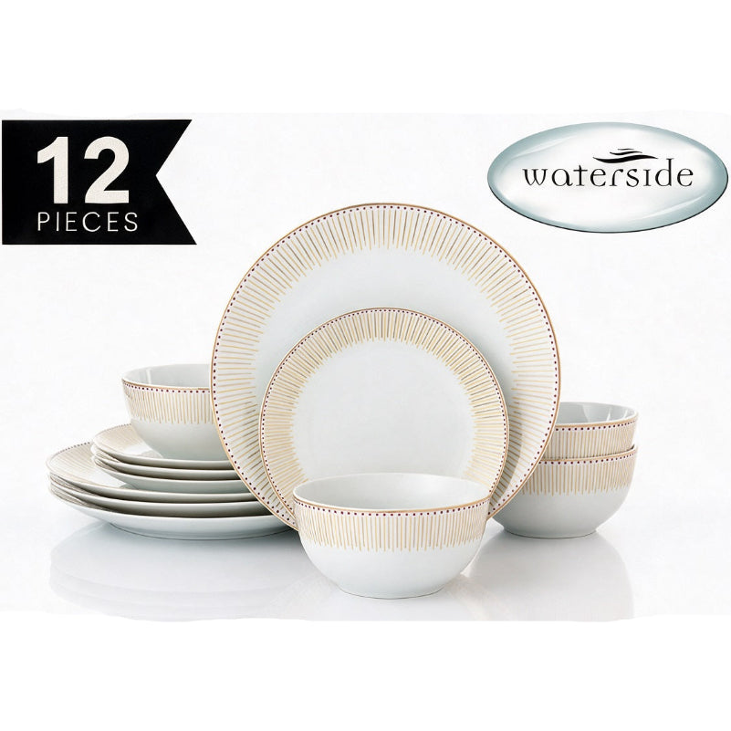 A 12-piece Waterside dinnerware set on a white background, featuring white plates and bowls with a delicate gold vertical stripe pattern around the rims. Includes a black '12 PIECES' graphic in the top-left and a silver 'waterside' logo in the top-right.