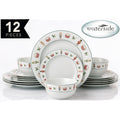A 12-piece Waterside dinnerware set featuring a white ceramic base with a festive holiday print of nutcrackers, drums, and holly leaves. The set includes plates, bowls, and cups, arranged on a reflective white surface with promotional text overlays.