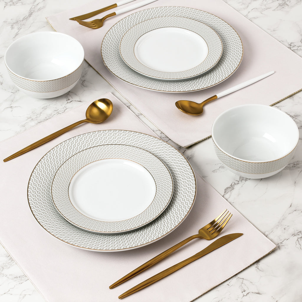 Waterside 12pc Premium Diamond & Gold  Porcelain Dinner Set (video attached)