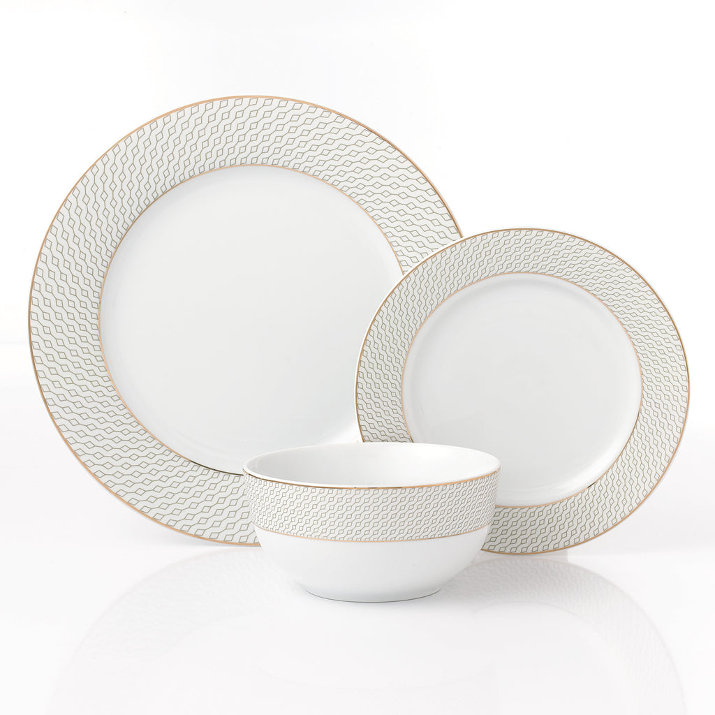 Waterside 12pc Premium Diamond & Gold  Porcelain Dinner Set (video attached)