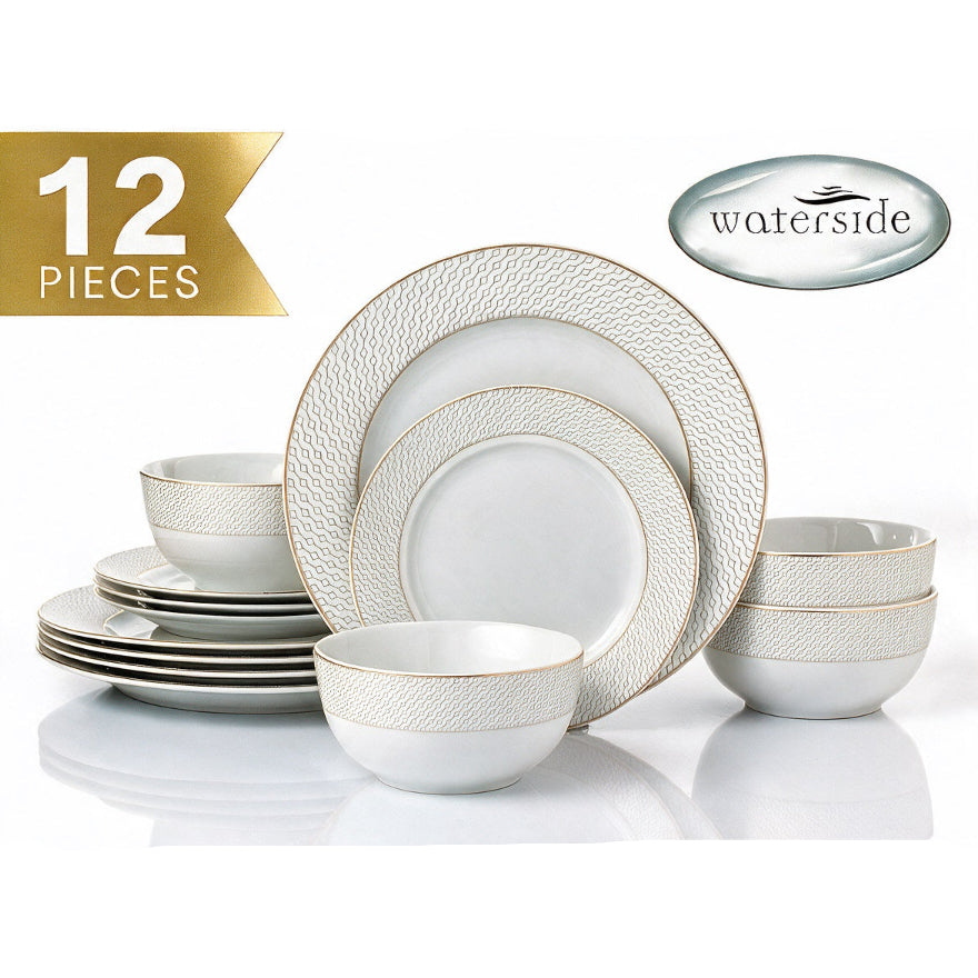 A 12-piece white ceramic dinnerware set with a textured geometric pattern and gold rim detailing, displayed on a clean white background with a gold '12 PIECES' banner and a silver 'waterside' logo.