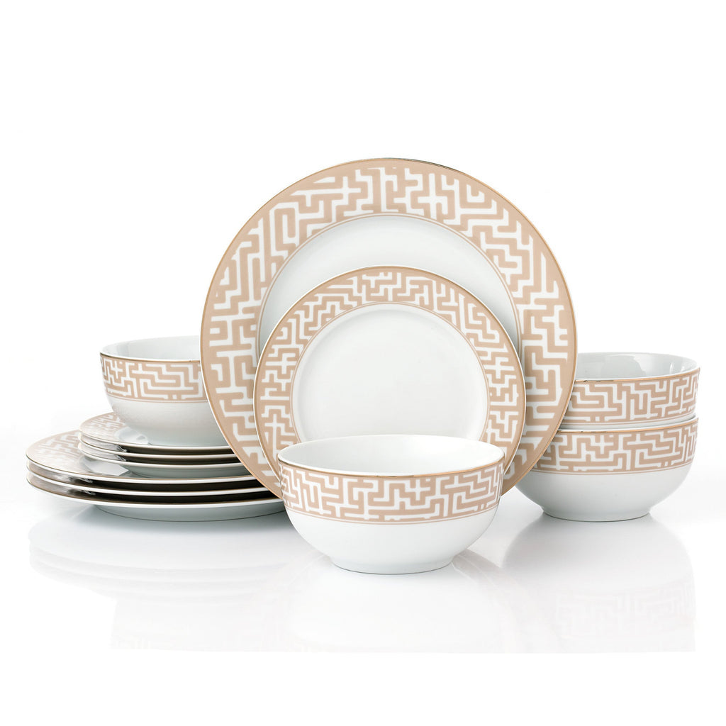 Waterside 12pc Mosaic Porcelain Dinner Set (video attached) 4 Dinner Plates, Side Plates & Deep Bowls