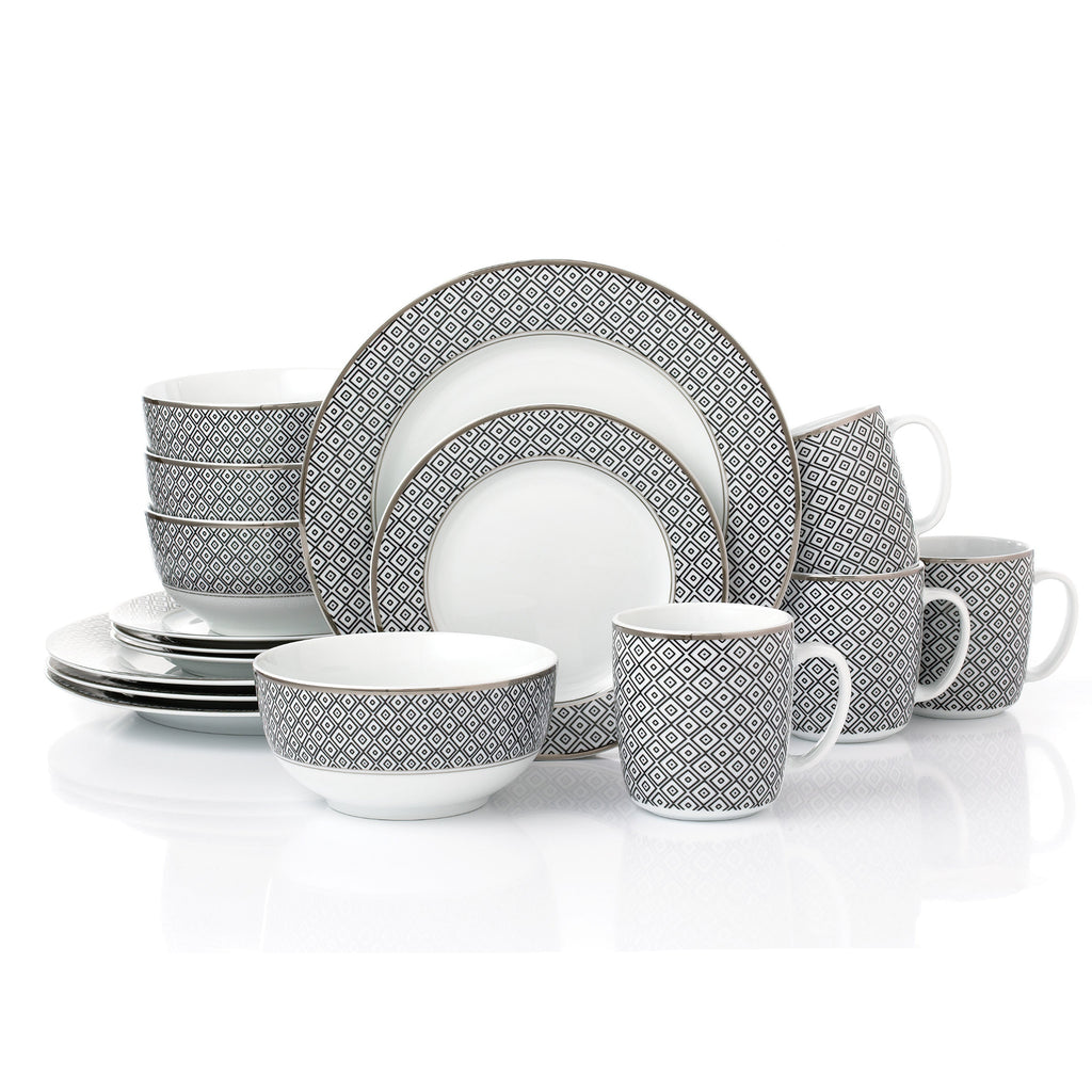 Waterside 16pc Black Diamond Silver Rim Porcelain Dinnerware Set (video attached)