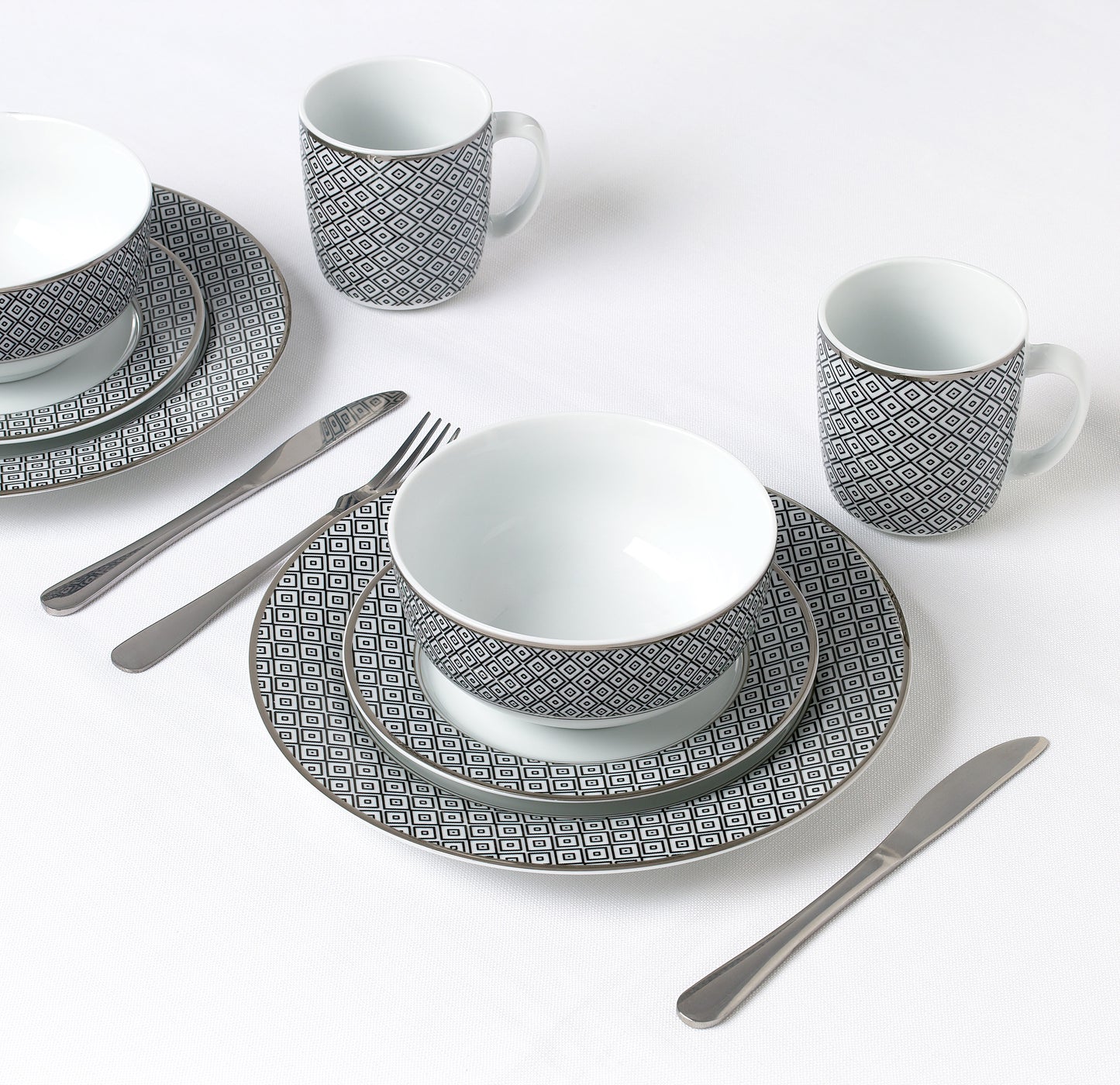 Black Diamond Silver Rim  Porcelain Dinnerware Set, 16 Pieces