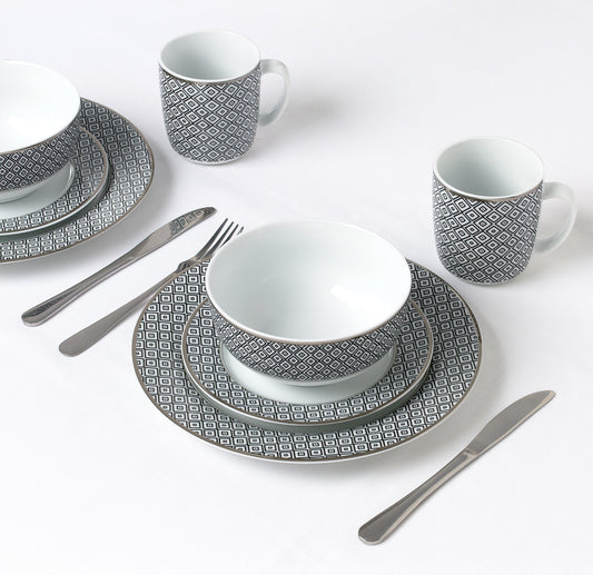 Black Diamond Silver Rim  Porcelain Dinnerware Set, 16 Pieces