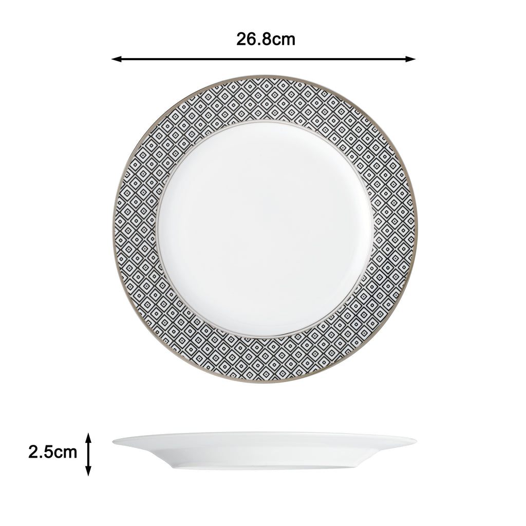 Waterside 16pc Black Diamond Silver Rim Porcelain Dinnerware Set (video attached)