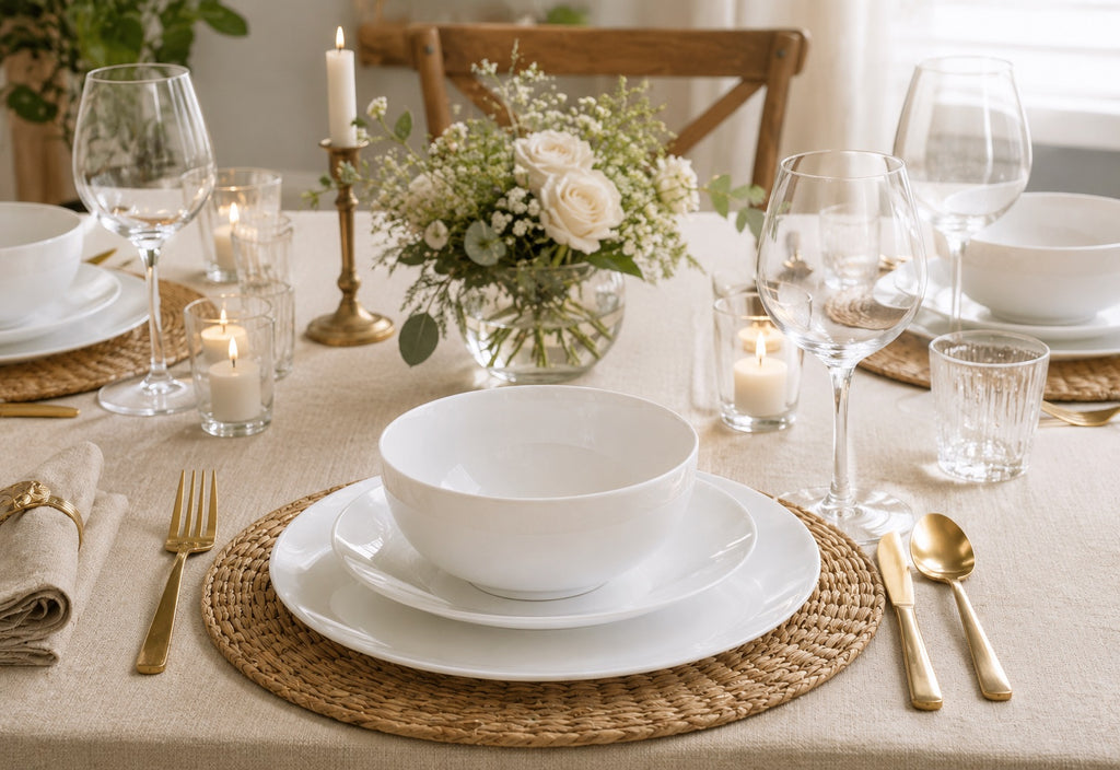 Waterside Premium 18 Pieces Vermont Super White Dinnerware Set,   - 6 Dinner Plates, Side Plates & Deep Bowls