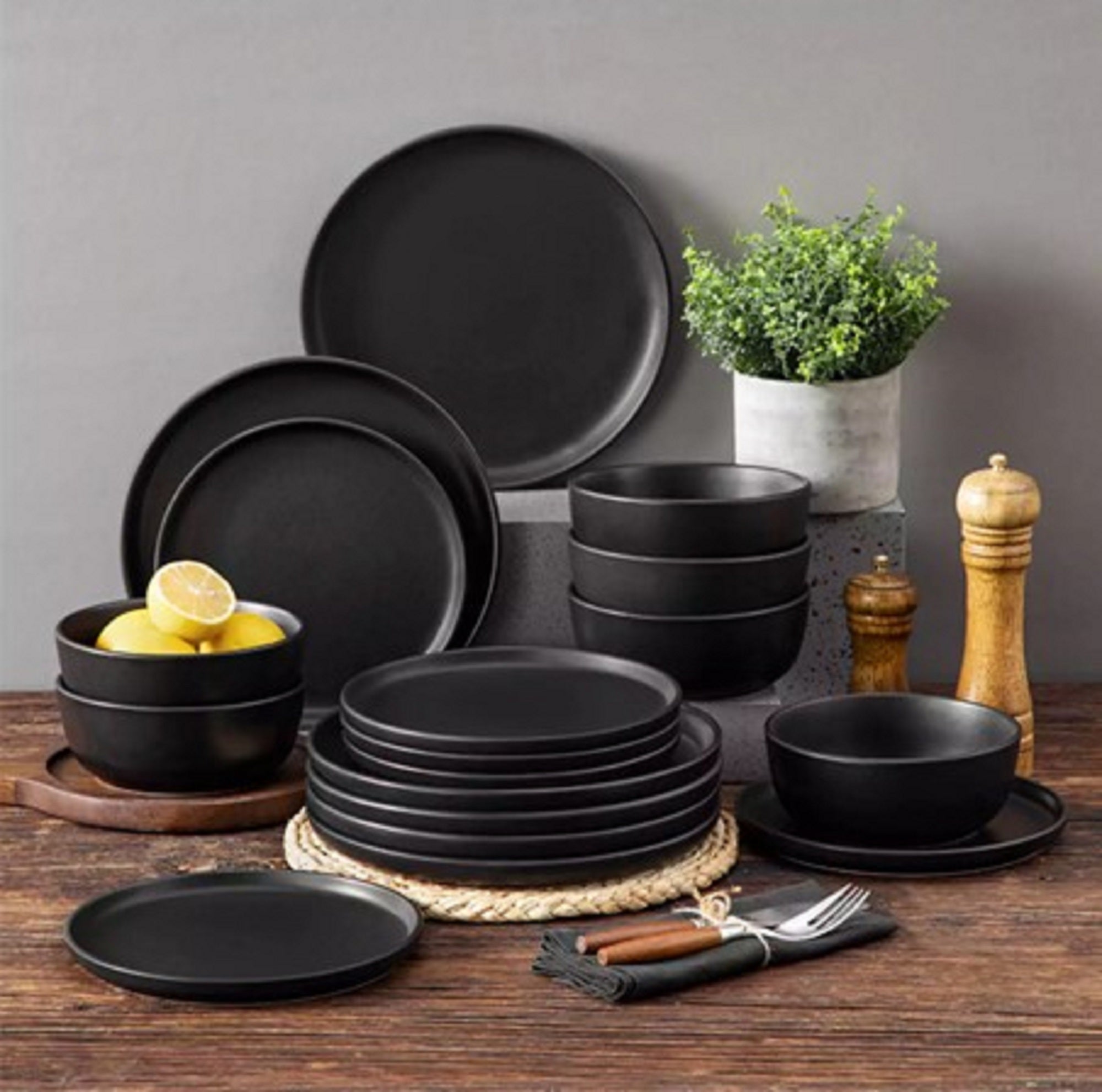 Solid Black Stoneware Dinner Set, 18 Pieces