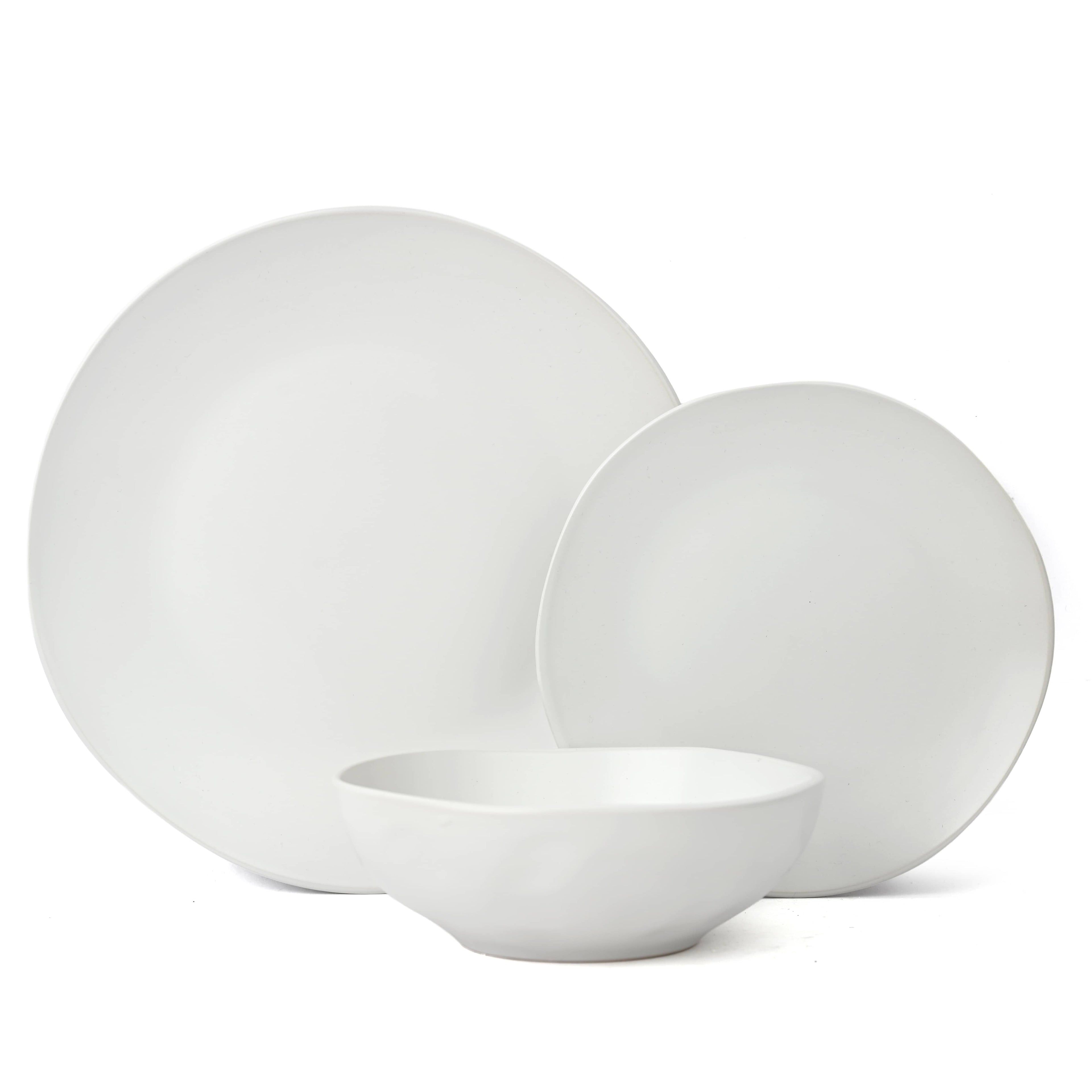 Waterside 12pc White Organic Irregular Shape Stoneware Dinnerware Set; 4 Dinner Plates, Side Plates & Deep Bowls