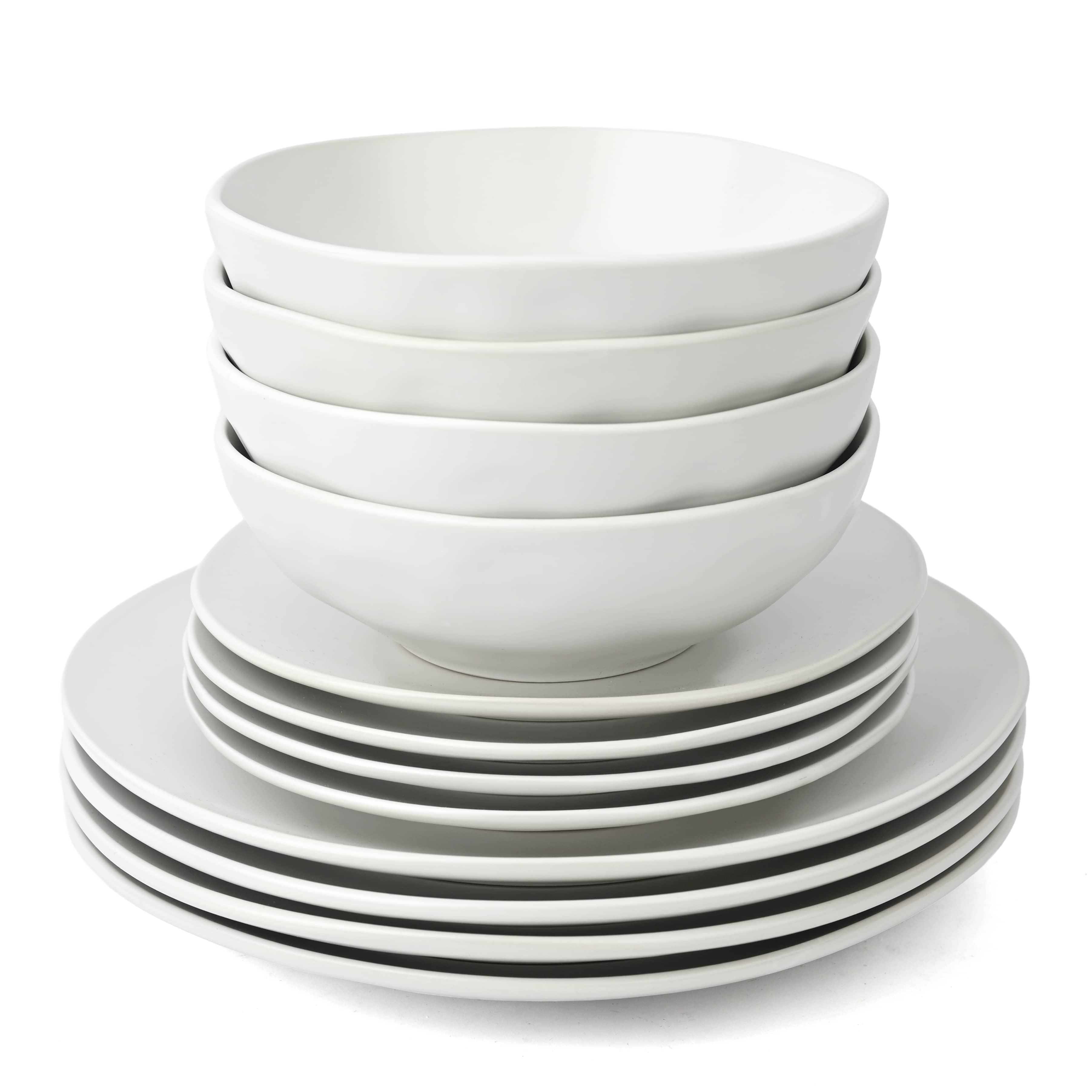 Waterside 12pc White Organic Irregular Shape Stoneware Dinnerware Set; 4 Dinner Plates, Side Plates & Deep Bowls