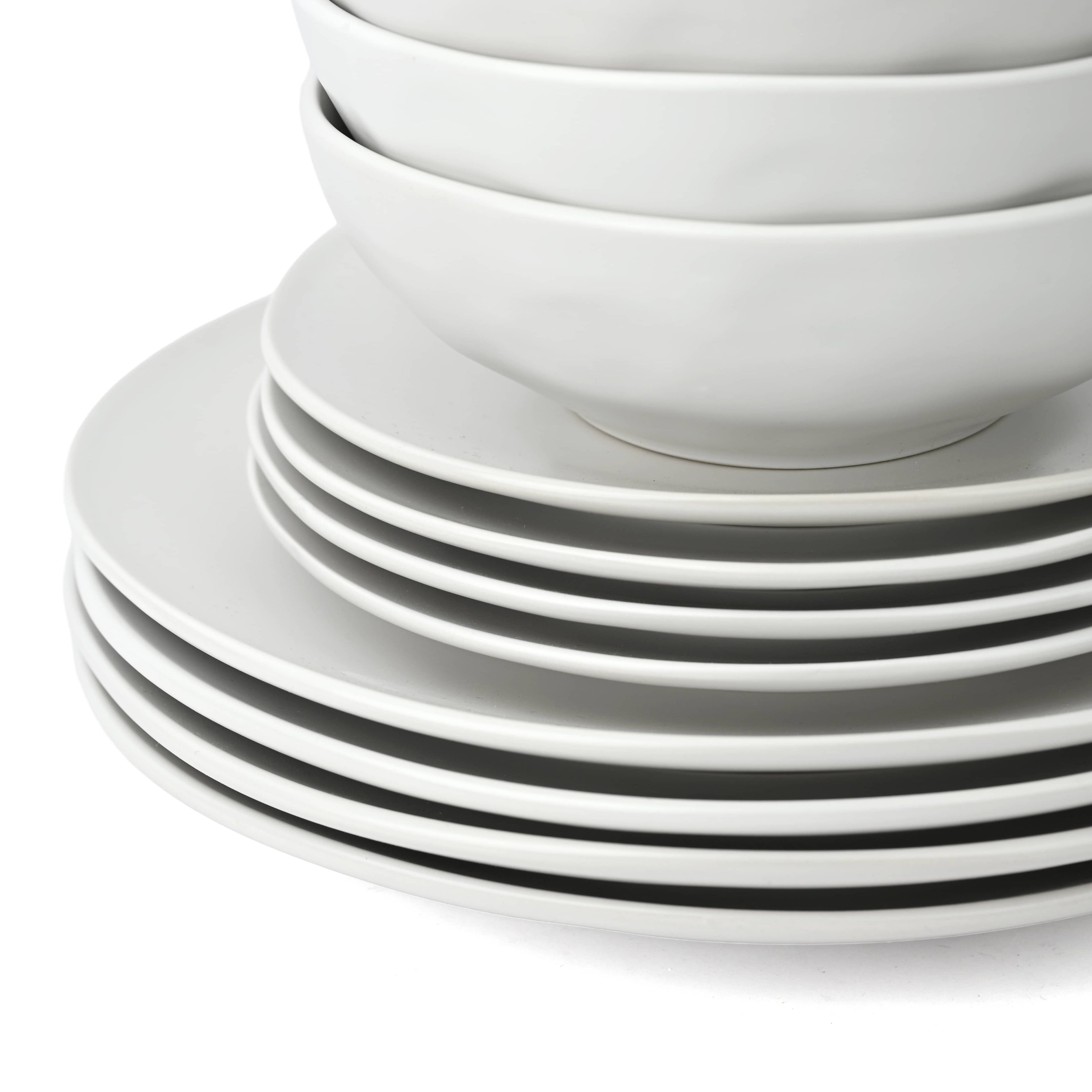 Waterside 12pc White Organic Irregular Shape Stoneware Dinnerware Set; 4 Dinner Plates, Side Plates & Deep Bowls