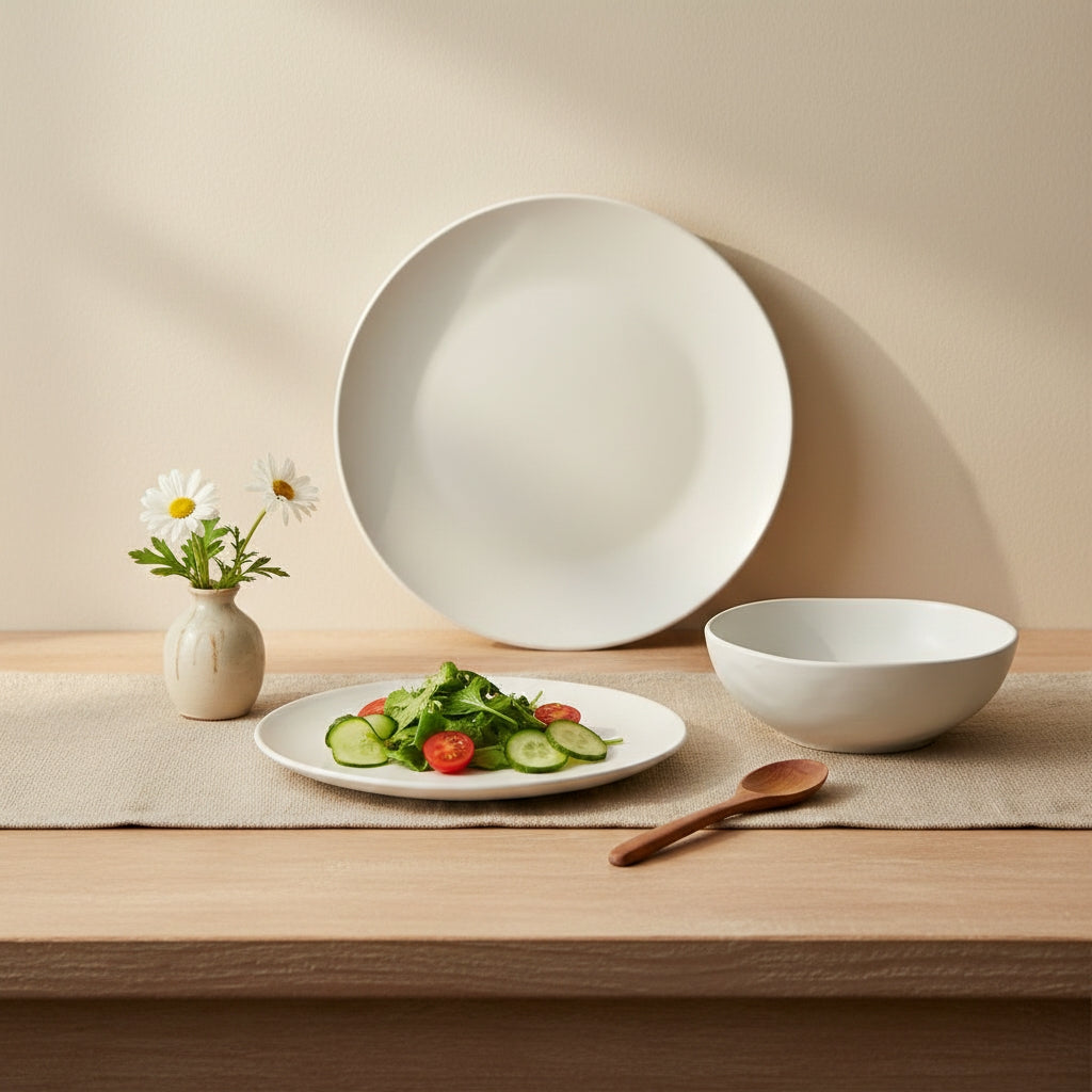 Waterside 12pc White Organic Irregular Shape Stoneware Dinnerware Set; 4 Dinner Plates, Side Plates & Deep Bowls
