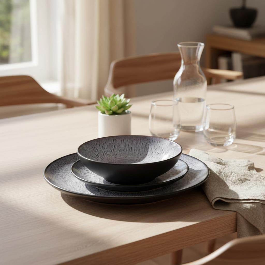 Waterside 12pc Blue Purple Reactive Glaze Stoneware Dinner Set (video attached)