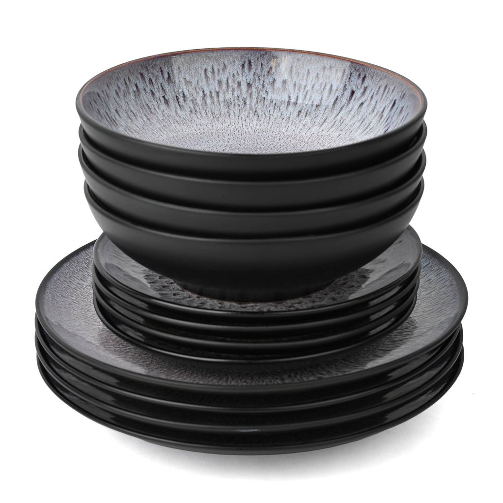 Waterside 12pc Blue Purple Reactive Glaze Stoneware Dinner Set (video attached)