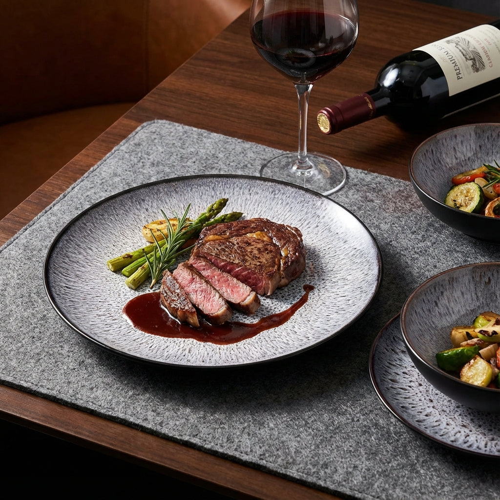 Waterside 12pc Blue Purple Reactive Glaze Stoneware Dinner Set (video attached)