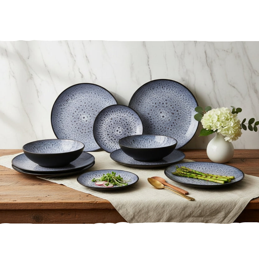 Waterside 12pc Blue Purple Reactive Glaze Stoneware Dinner Set (video attached)