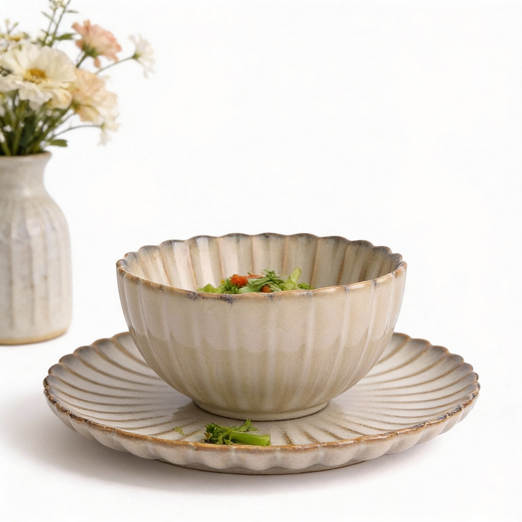 Waterside 12pc Cream Petal Reactive Glaze Dinnerware Set (video attached)