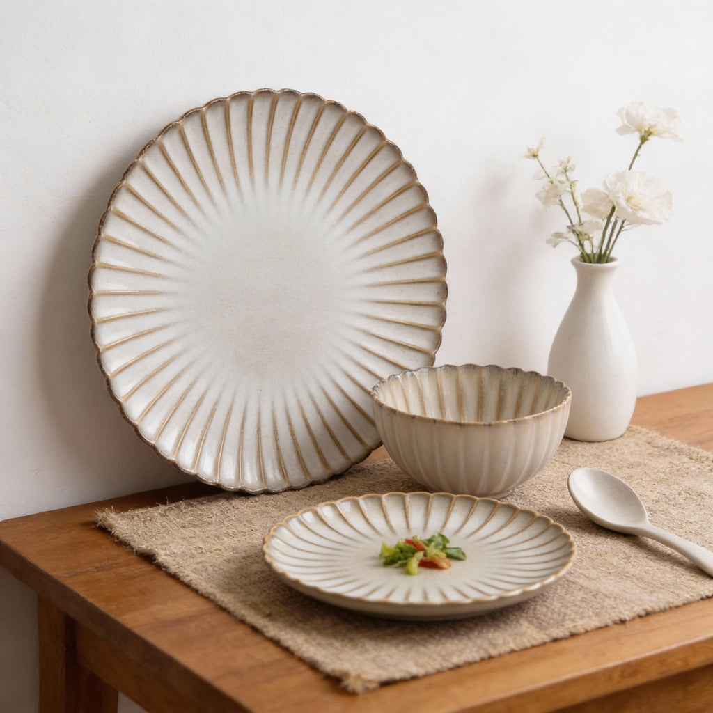 Waterside 12pc Cream Petal Reactive Glaze Dinnerware Set (video attached)