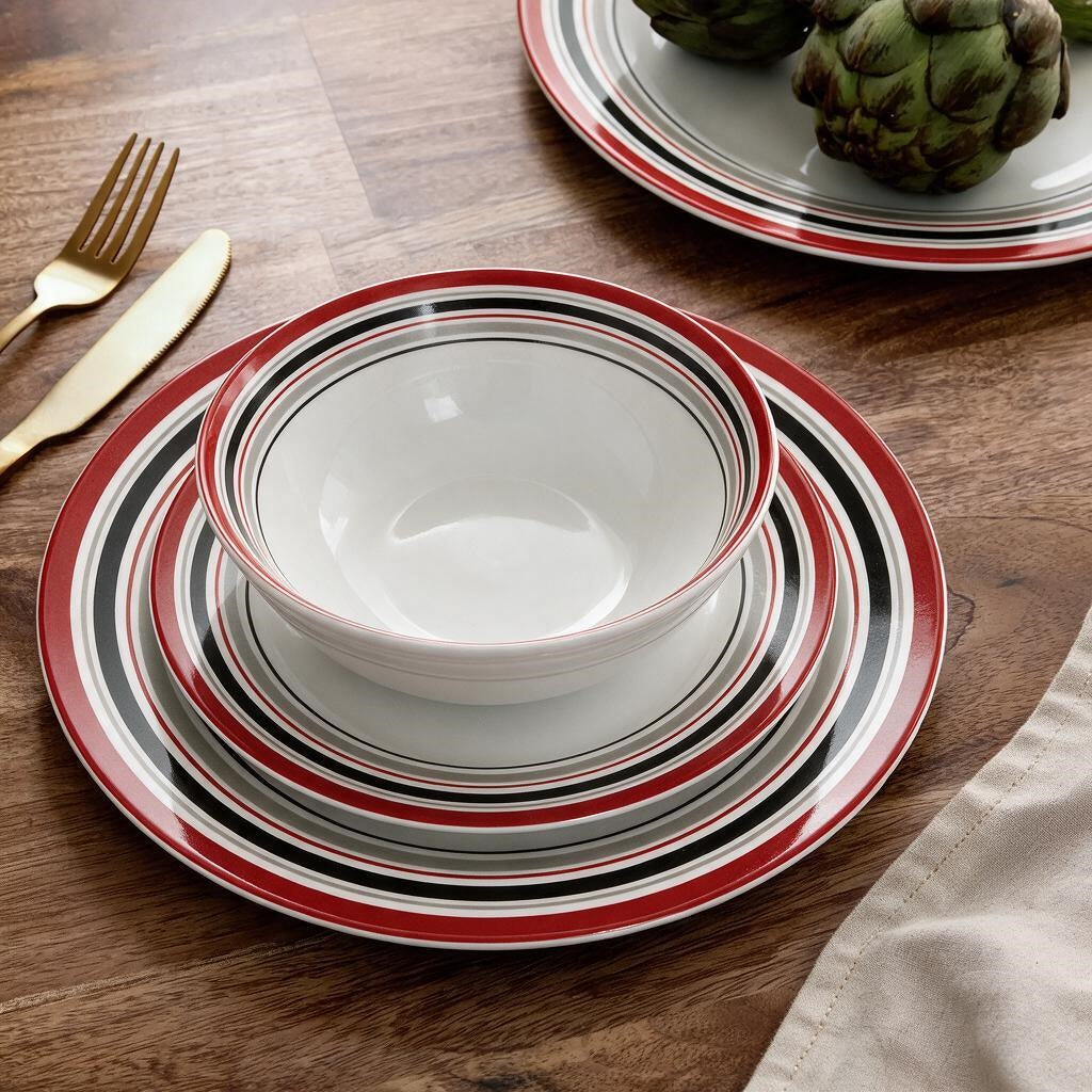 Waterside 12pc Brompton Burgundy Porcelain Dinner Set ( video attached)