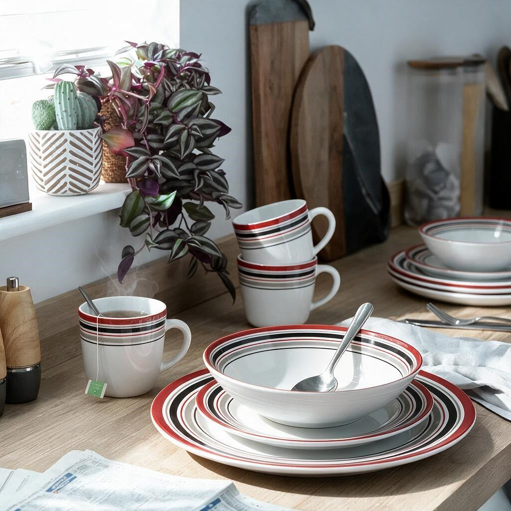 Waterside 12pc Brompton Burgundy Porcelain Dinner Set ( video attached)