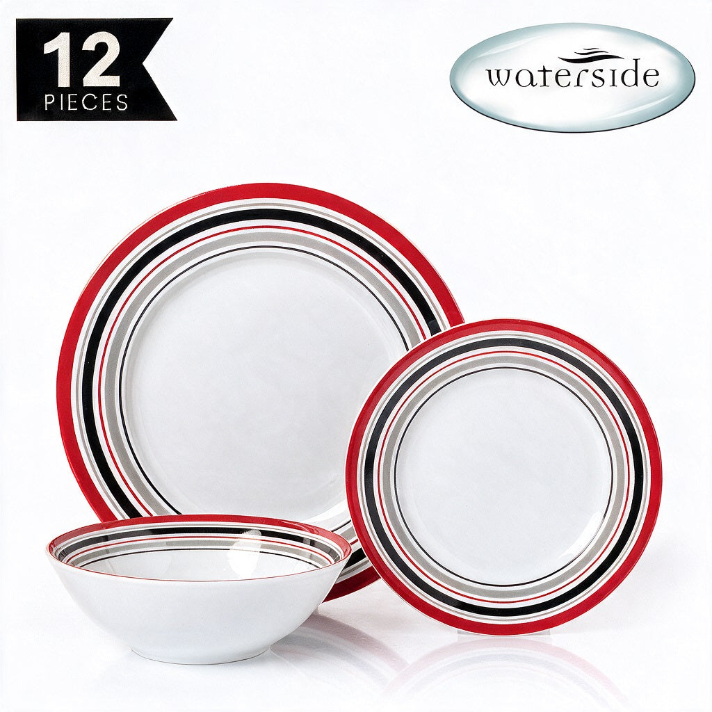 Waterside 12pc Brompton Burgundy Porcelain Dinner Set ( video attached)
