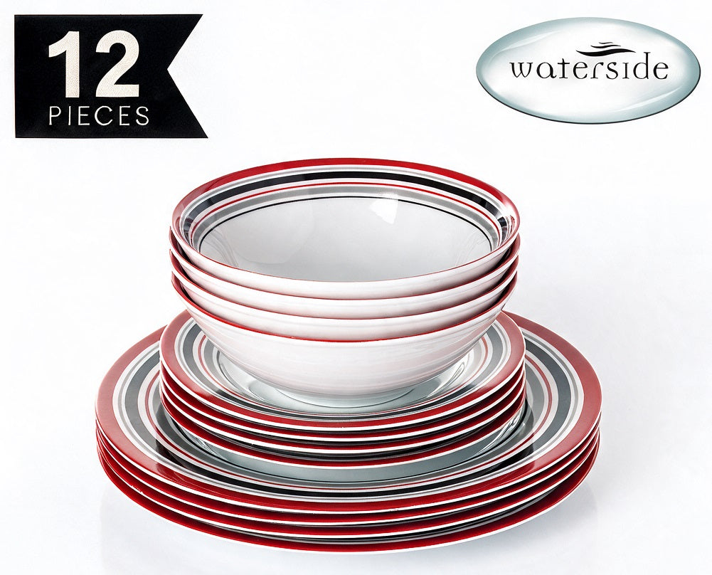 Waterside 12pc Brompton Burgundy Porcelain Dinner Set ( video attached)