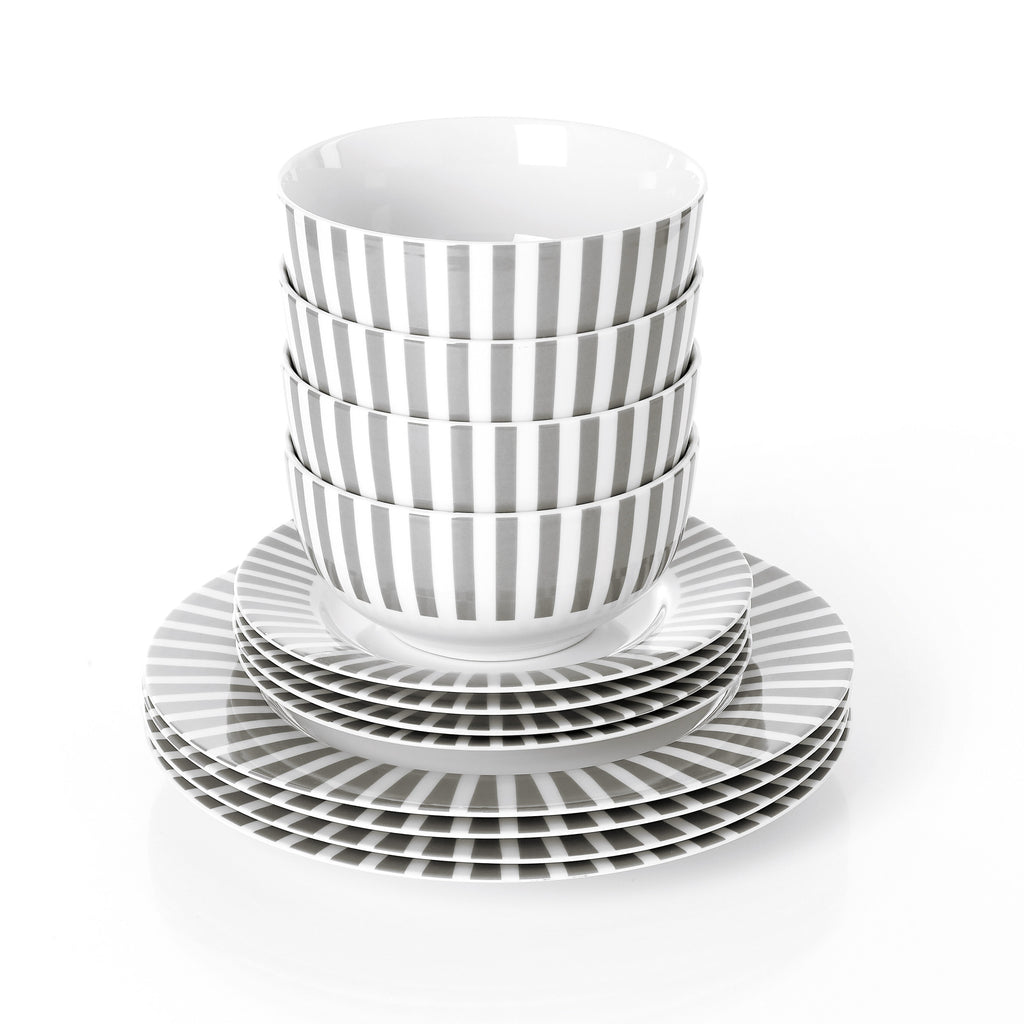 Waterside 12pc Grey Stripe Porcelain Dinner Set ( video attached)