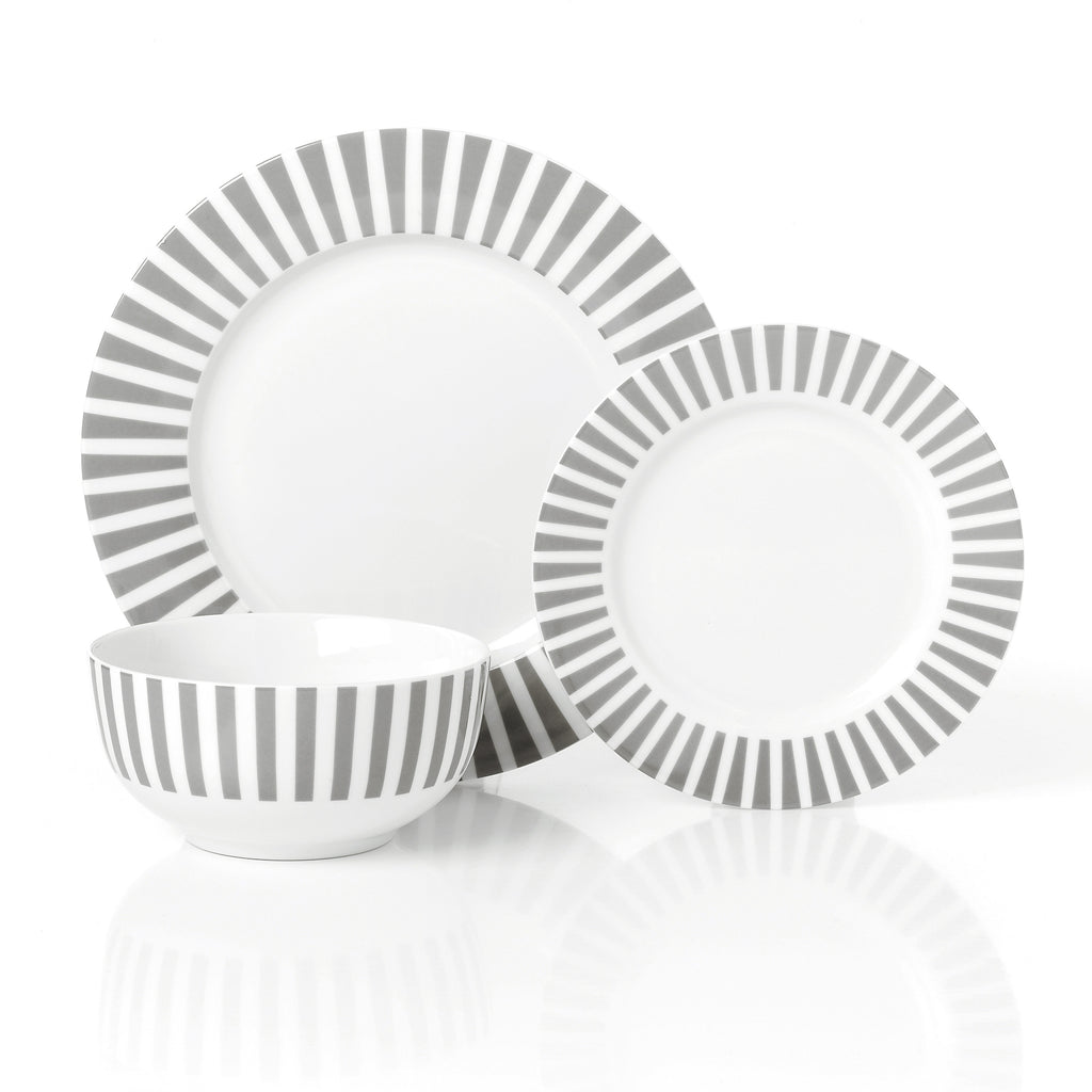 Waterside 12pc Grey Stripe Porcelain Dinner Set ( video attached)
