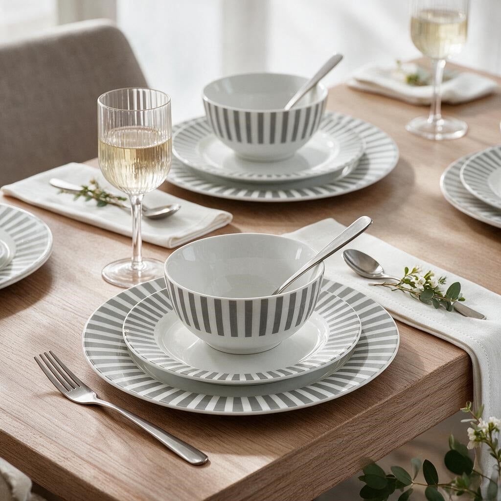 Waterside 12pc Grey Stripe Porcelain Dinner Set ( video attached)