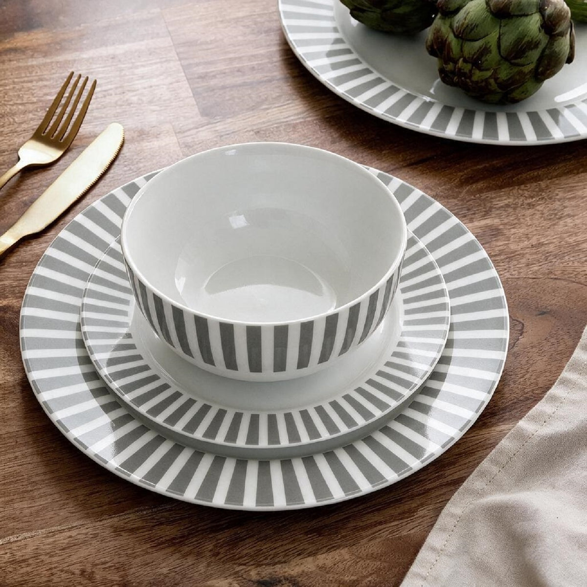 Waterside 12pc Grey Stripe Porcelain Dinner Set ( video attached)