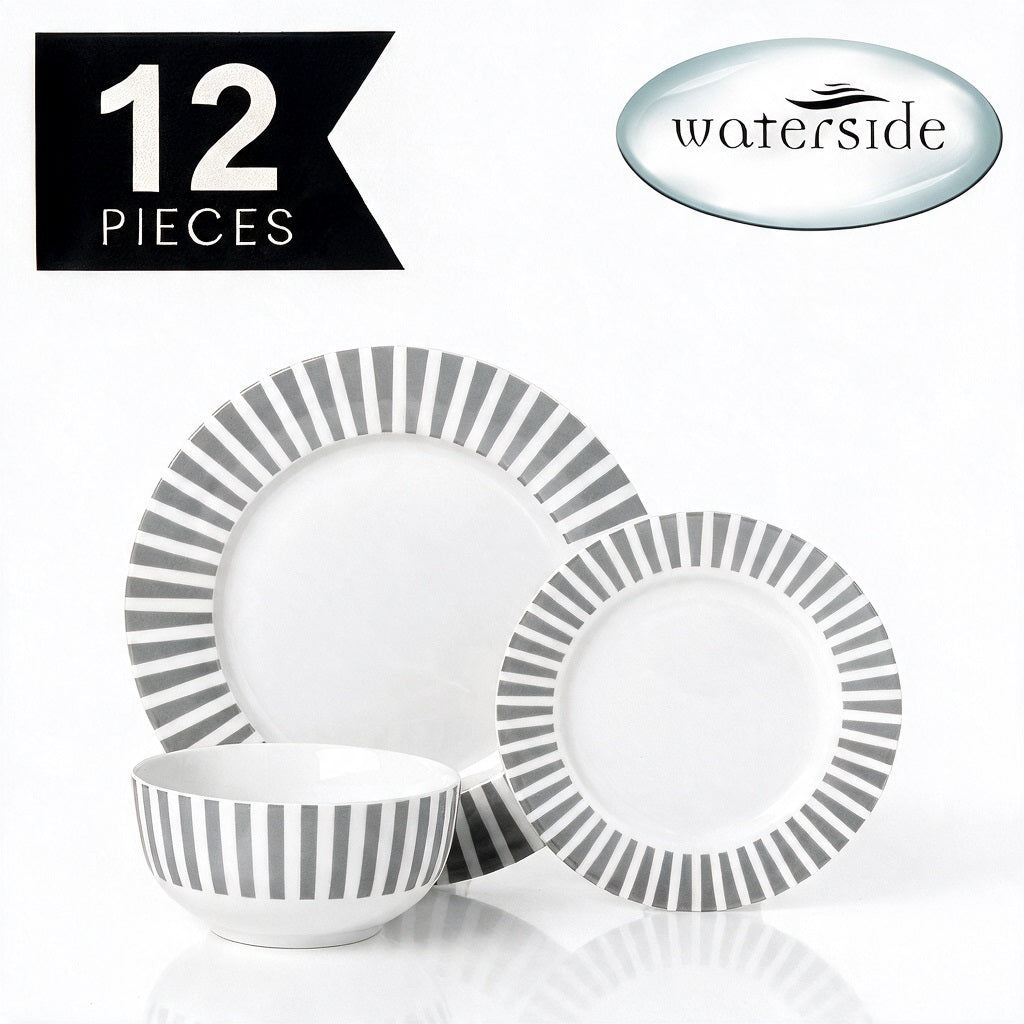 Waterside 12pc Grey Stripe Porcelain Dinner Set ( video attached)