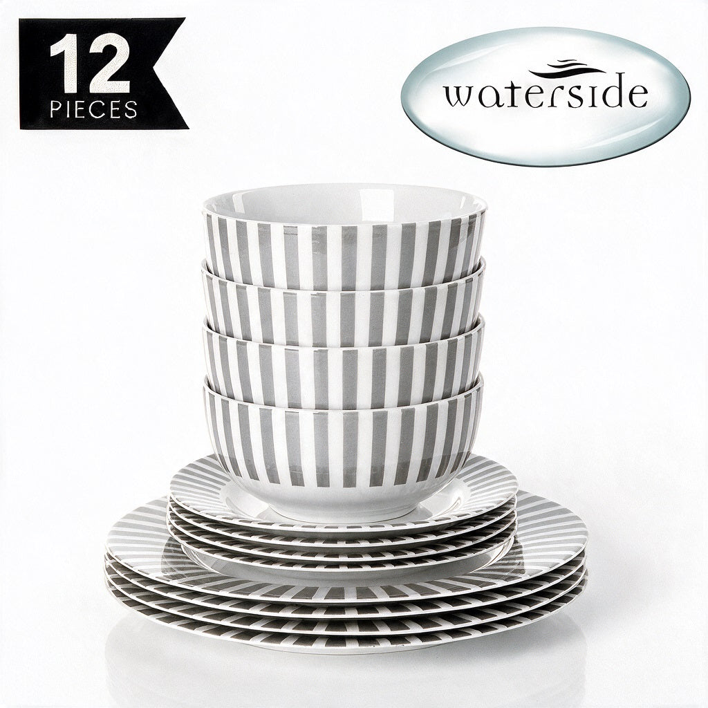 Waterside 12pc Grey Stripe Porcelain Dinner Set ( video attached)