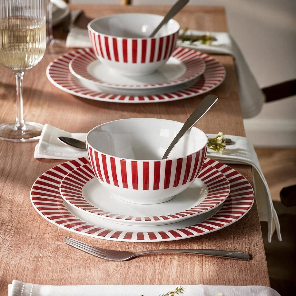 Waterside 12pc Burgundy Stripe Porcelain Dinner Set ( video attached)