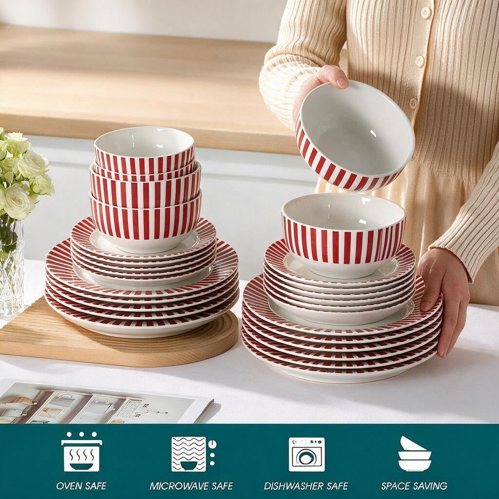 Waterside 12pc Burgundy Stripe Porcelain Dinner Set ( video attached)