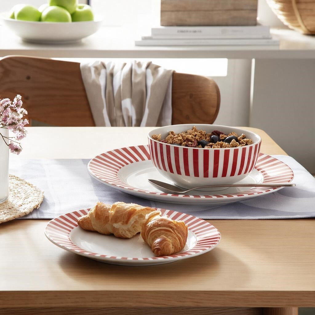 Waterside 12pc Burgundy Stripe Porcelain Dinner Set ( video attached)