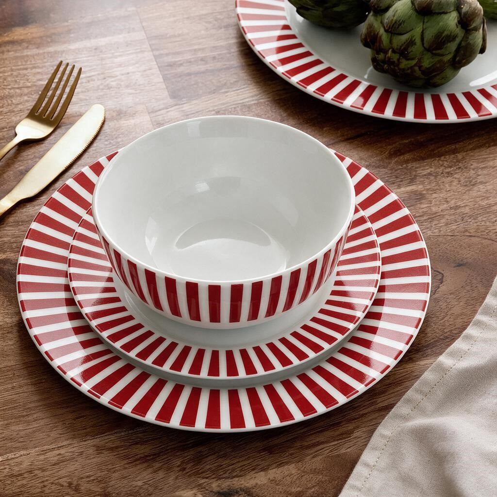 Waterside 12pc Burgundy Stripe Porcelain Dinner Set ( video attached)
