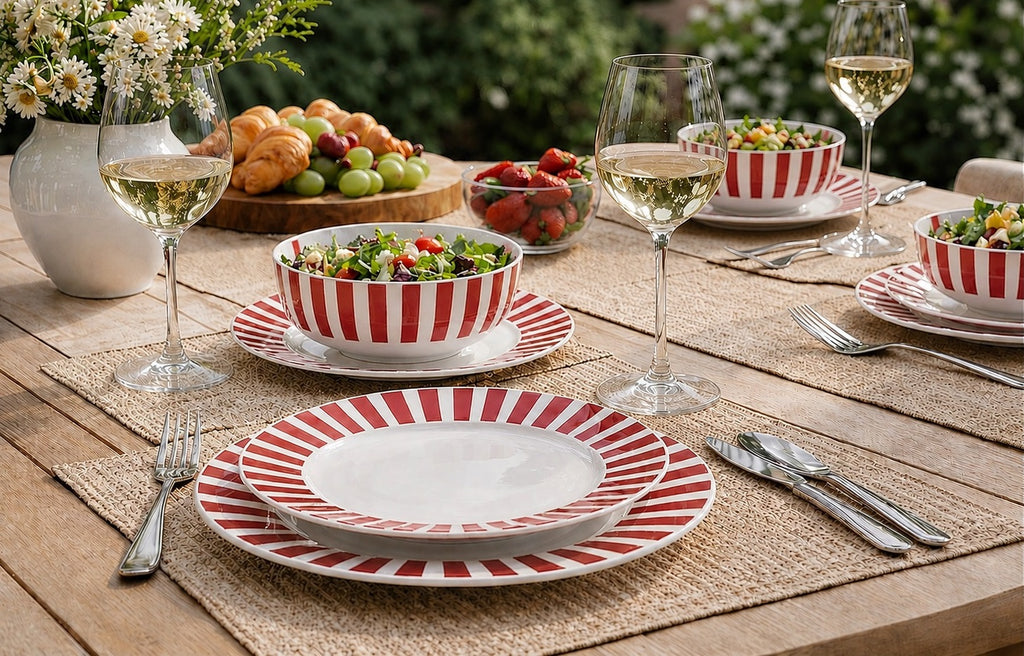 Waterside 12pc Burgundy Stripe Porcelain Dinner Set ( video attached)