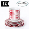 Waterside 12pc Burgundy Stripe Porcelain Dinner Set ( video attached)