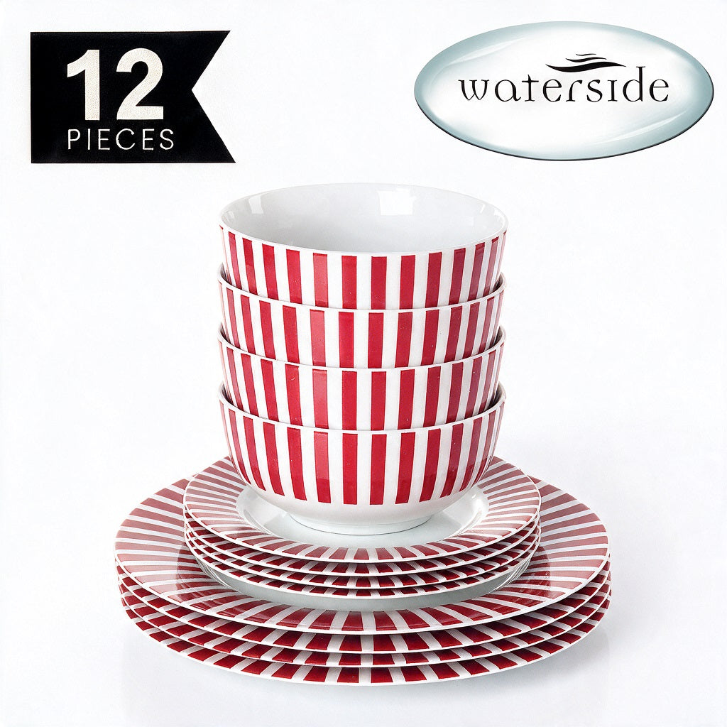 Waterside 12pc Burgundy Stripe Porcelain Dinner Set ( video attached)