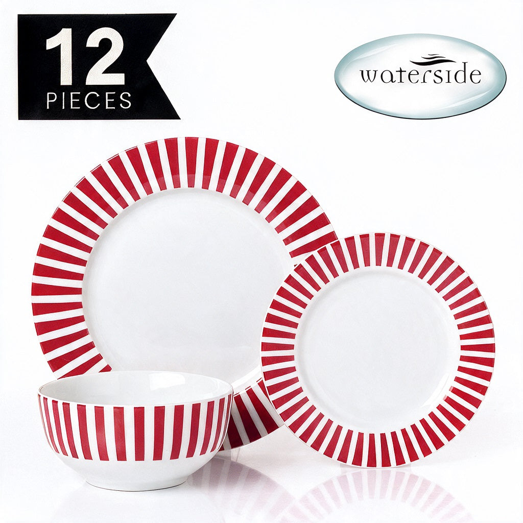 Waterside 12pc Burgundy Stripe Porcelain Dinner Set ( video attached)