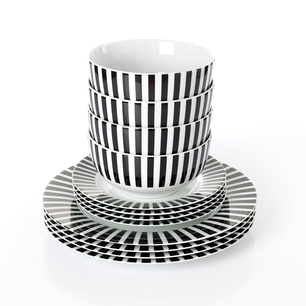 Waterside 12pc Black Stripe Porcelain Dinner Set ( video attached)