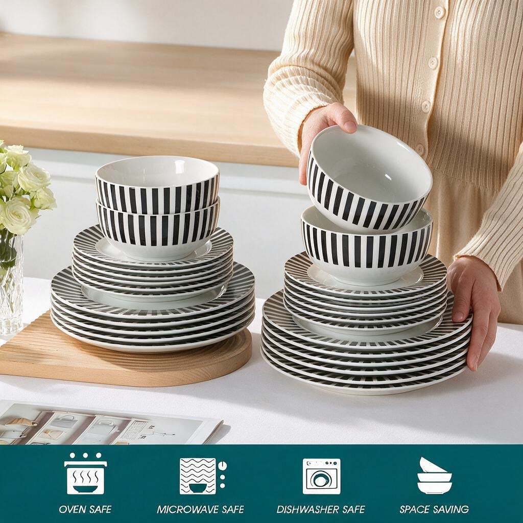 Waterside 12pc Black Stripe Porcelain Dinner Set ( video attached)
