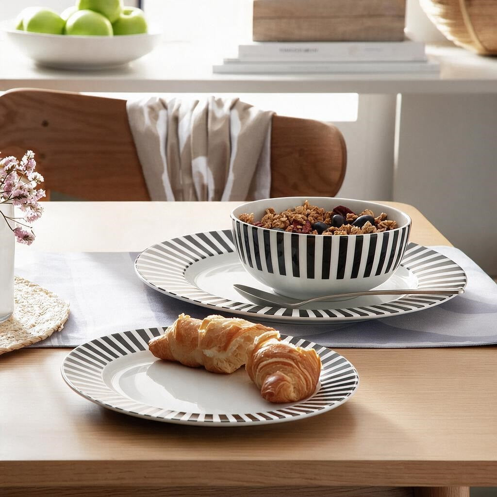Waterside 12pc Black Stripe Porcelain Dinner Set ( video attached)
