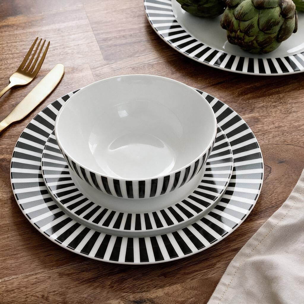 Waterside 12pc Black Stripe Porcelain Dinner Set ( video attached)
