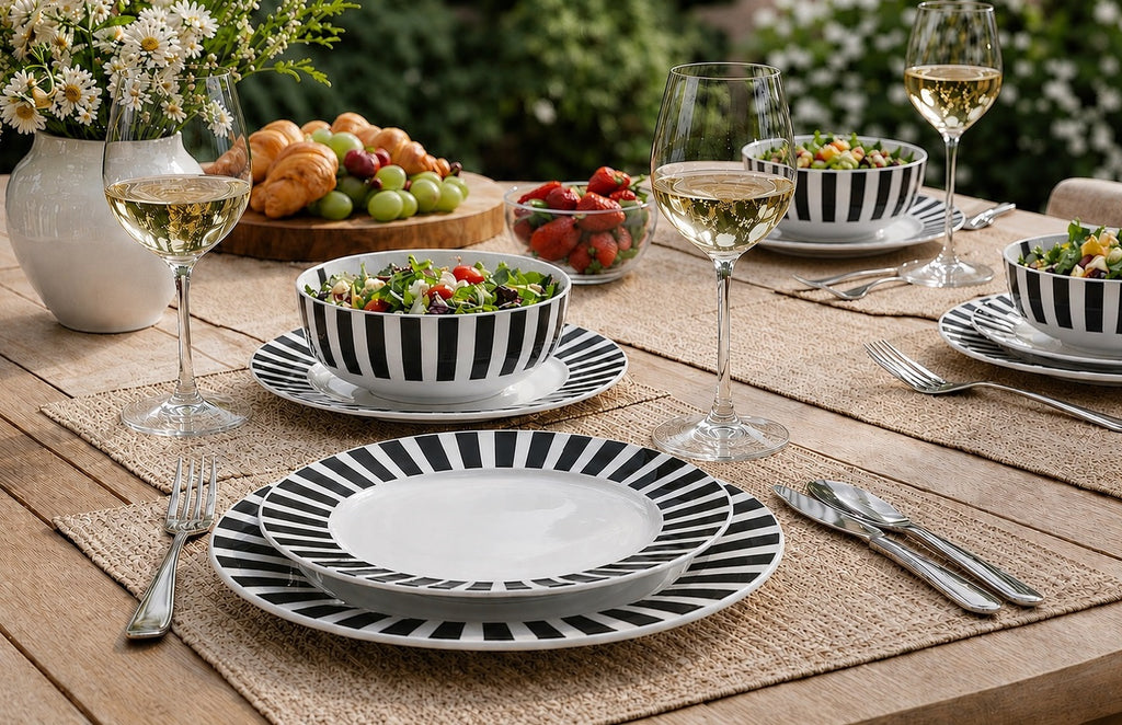 Waterside 12pc Black Stripe Porcelain Dinner Set ( video attached)