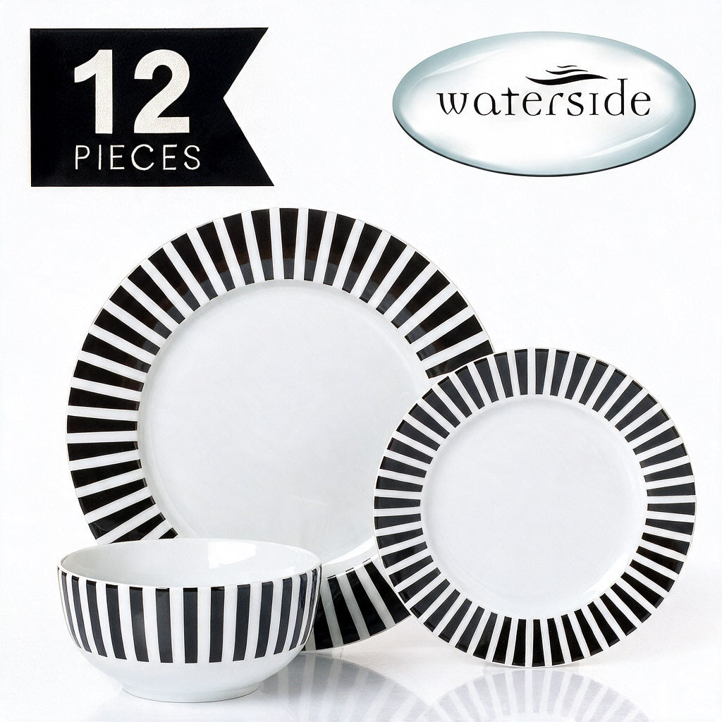 Waterside 12pc Black Stripe Porcelain Dinner Set ( video attached)