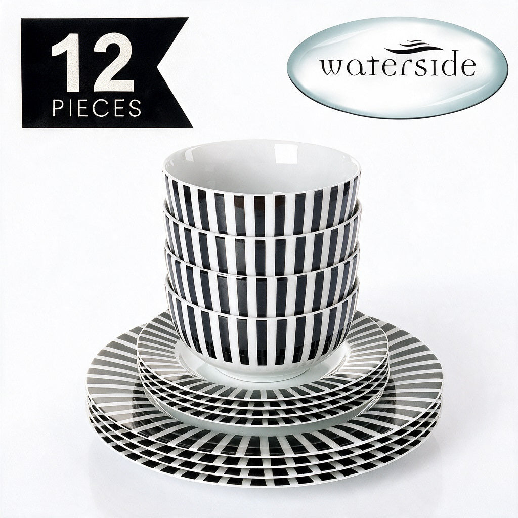 Waterside 12pc Black Stripe Porcelain Dinner Set ( video attached)